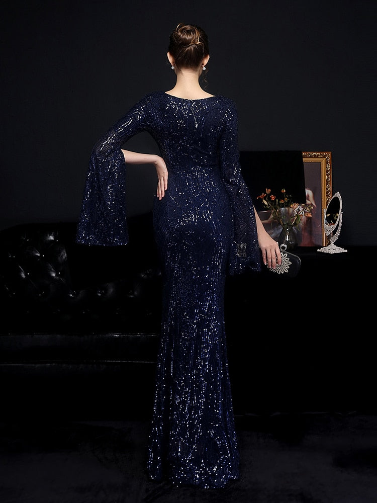 Vestido de Festa Longo Sereia Cristal com Manga Solta Azul Marinho