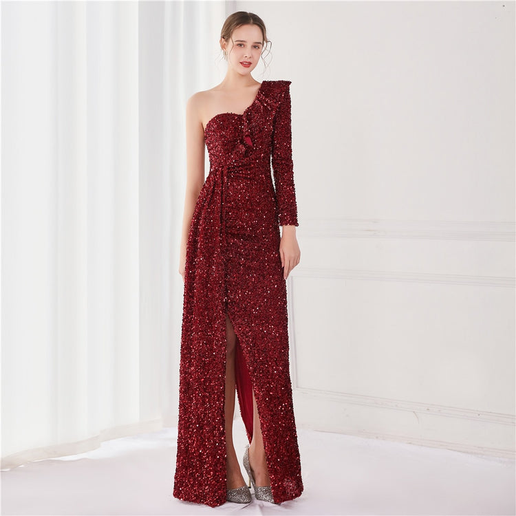 Vestido de Festa Longo com Babados Assimétricos Marsala