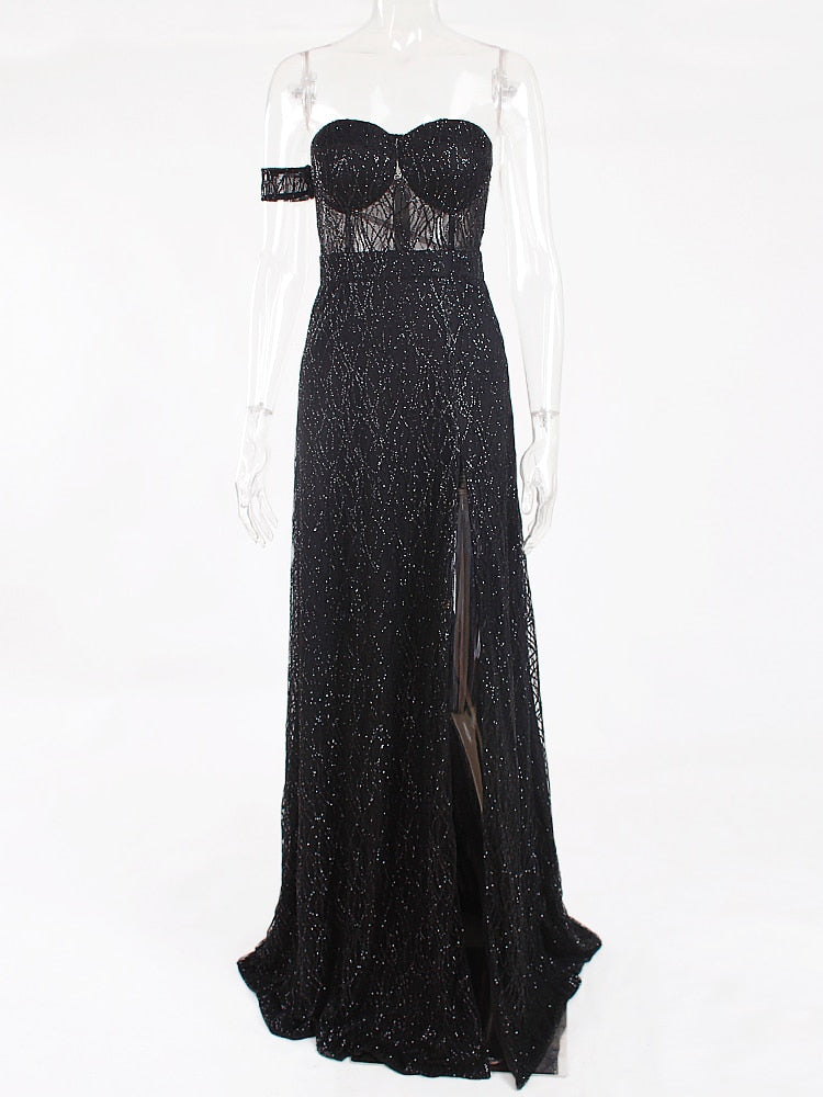 Vestido de Festa Longo com Fenda e Transparência Preto