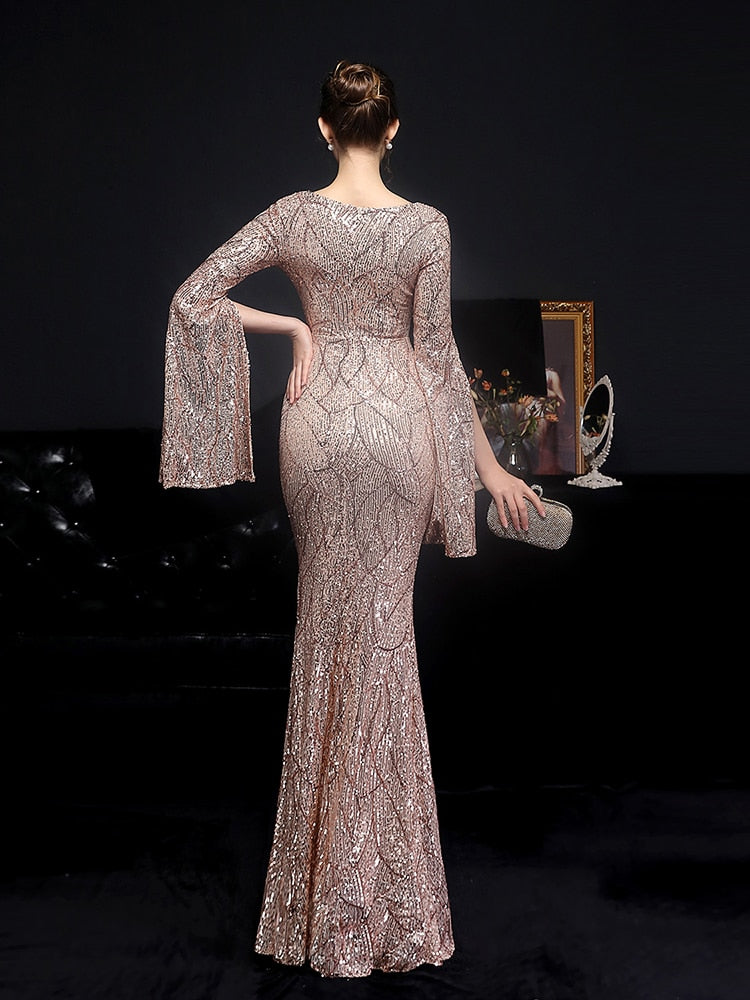 Vestido de Festa Longo Sereia Cristal com Manga Solta Dourado