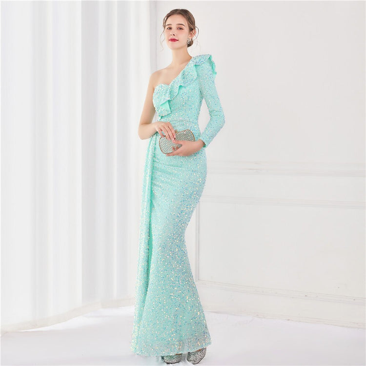 Vestido de Festa Longo com Babados Assimétricos Azul Tiffany