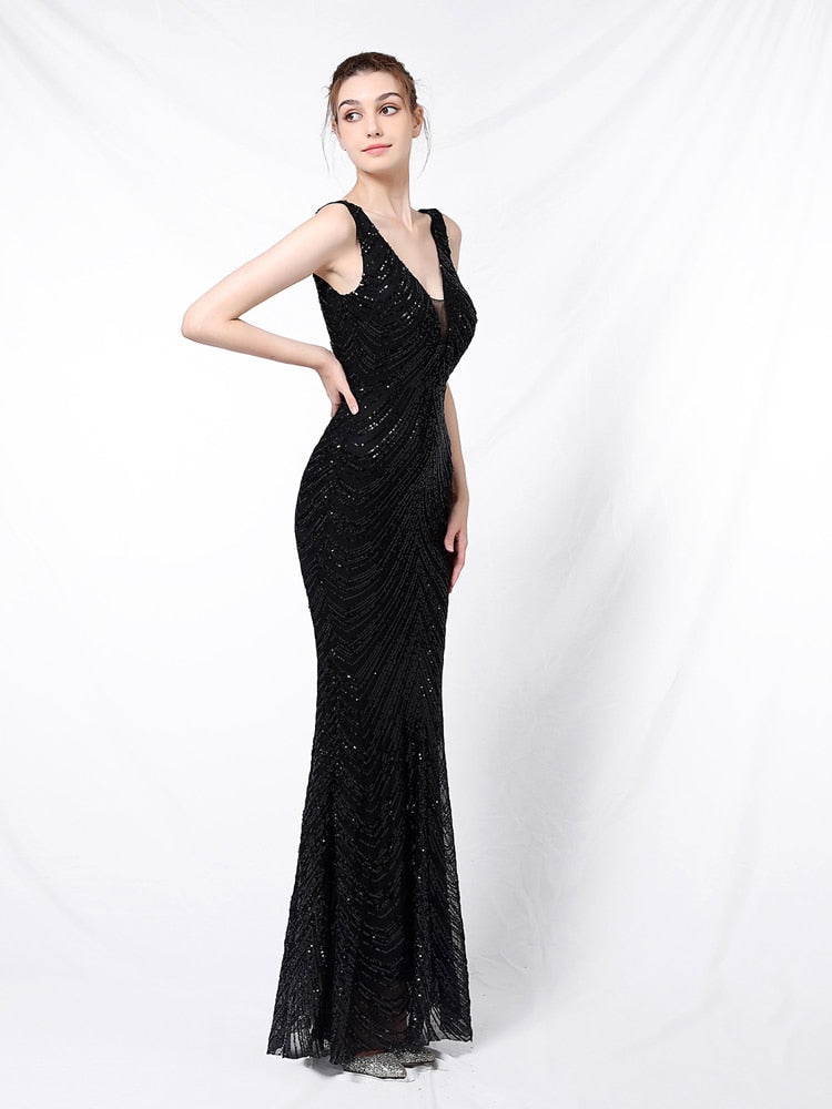 Vestido de Festa Longo Sereia Brilho sem Manga Preto