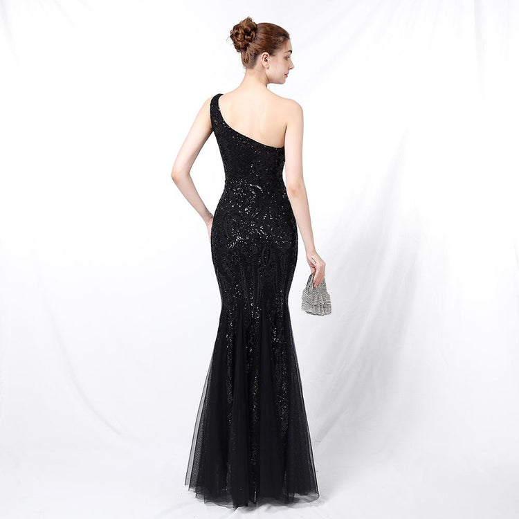 Vestido de Festa Ombro Único em Tule com Bordados Paetês Preto