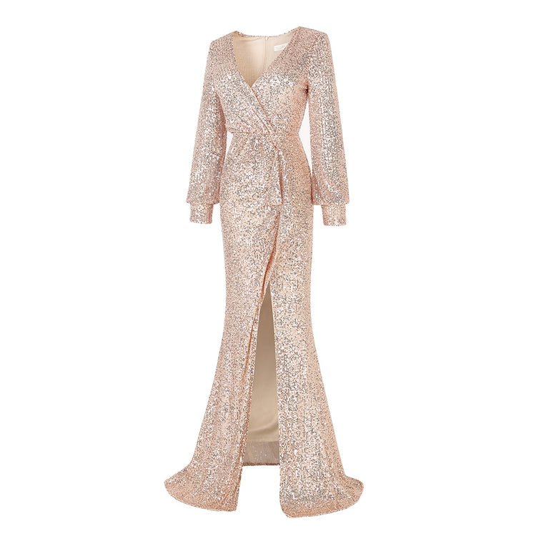 Vestido de Festa Longo com Abertura Lateral com Decote Champagne