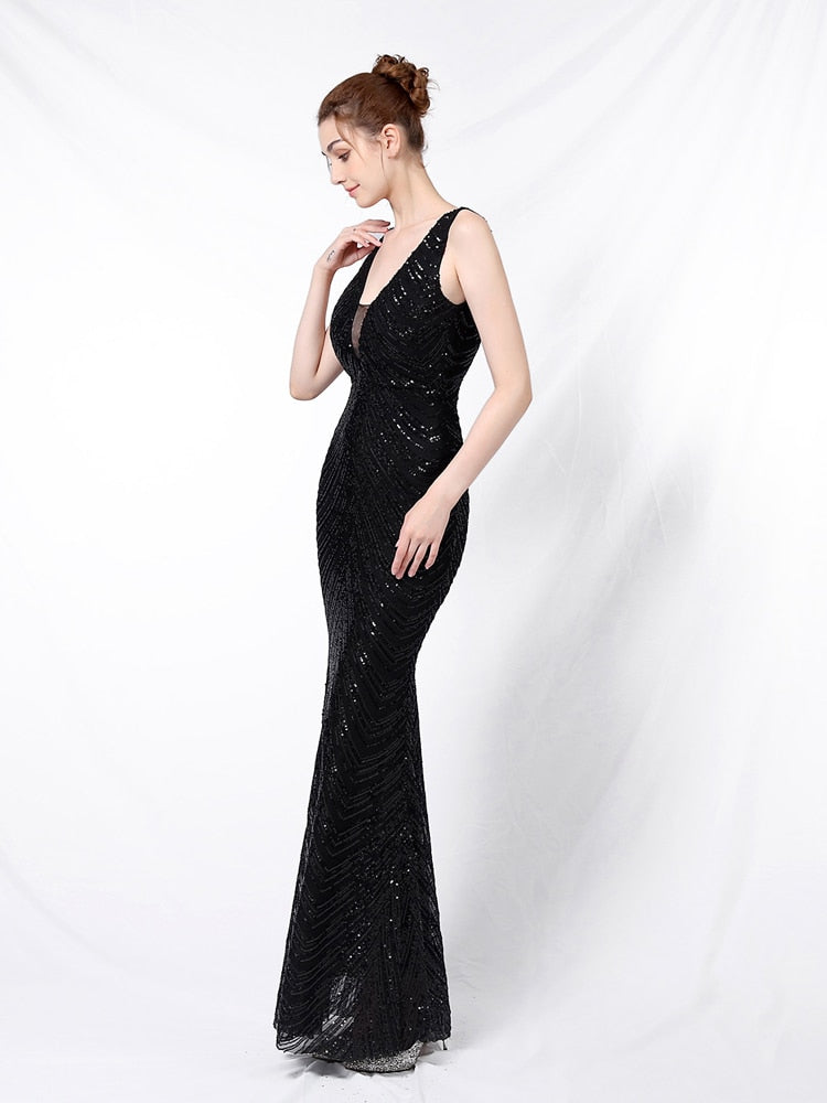 Vestido de Festa Longo Sereia Brilho sem Manga Preto
