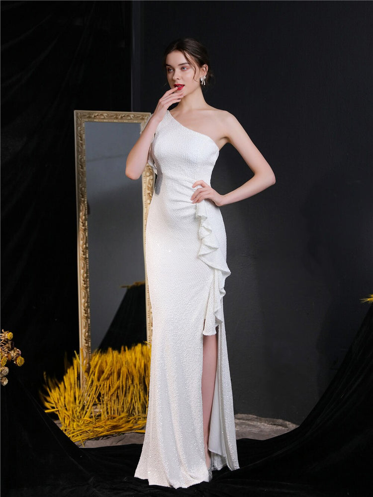Vestido de Festa Longo Assimétrico com Detalhes Babados Branco
