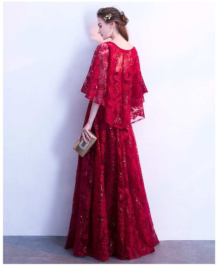 Vestido de Festa Longo com Manta Rendada Marsala