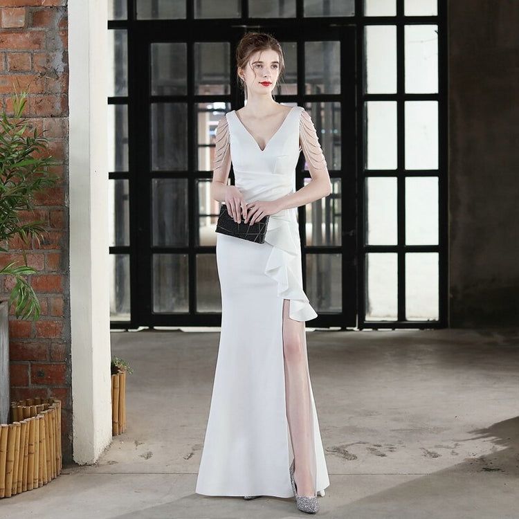 Vestido de Festa em Cetim Plissado em Camadas Branco