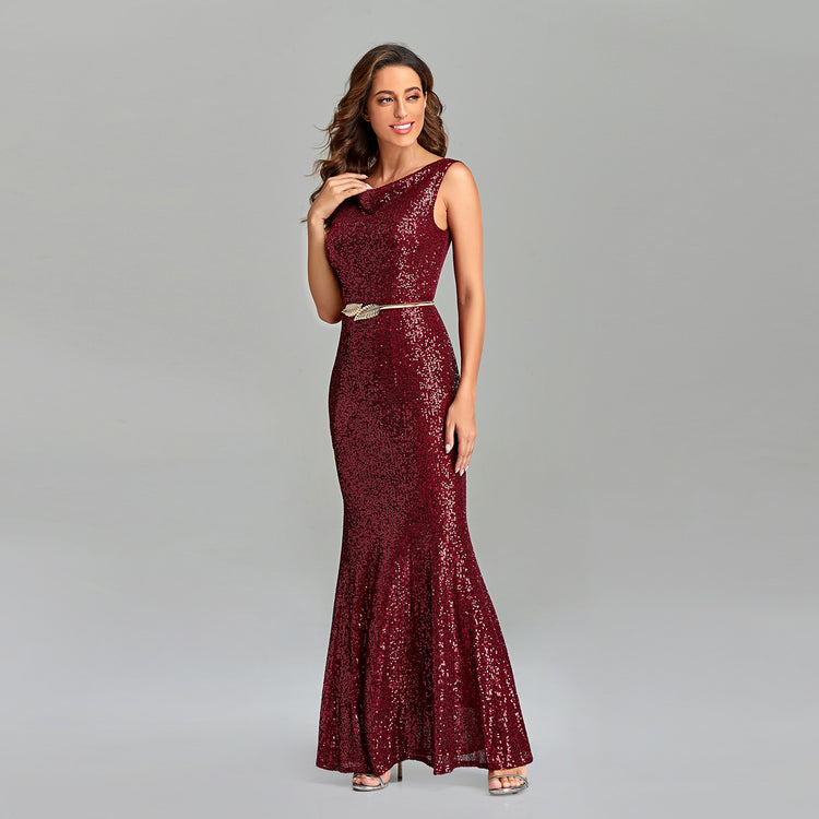 Vestido de Festa Longo Sereia Brilho Marsala
