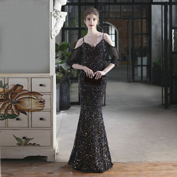 Vestido de Festa Longo Sereia Brilho com Manga e Renda Preto