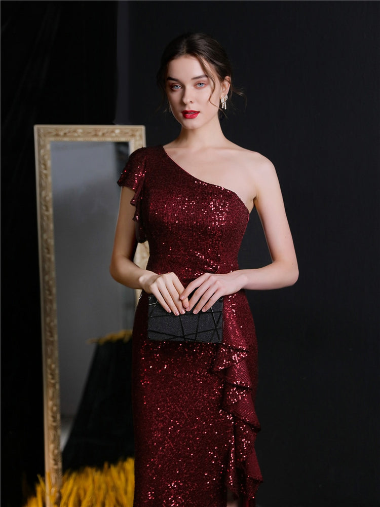 Vestido de Festa Longo com Abertura Bordada Brilho Marsala