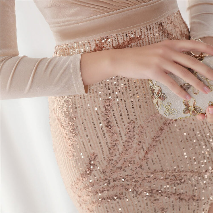 Vestido de Festa Luxo Sereia com Paetês Bordados Dourado