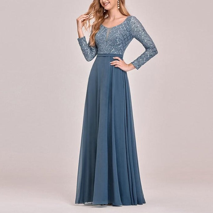 Vestido de Festa Longo Azul Empoeirado com Detalhes Paetês (Pronta Entrega)