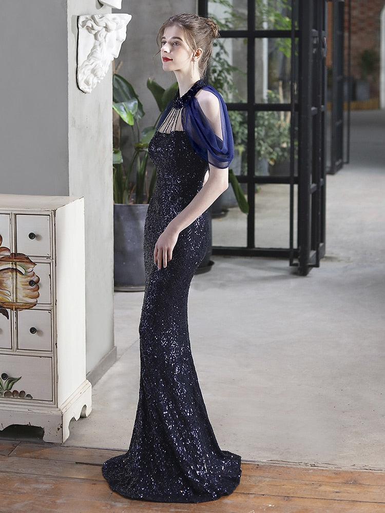 Vestido De Festa Longo Com Decote Em Tule Azul Marinho