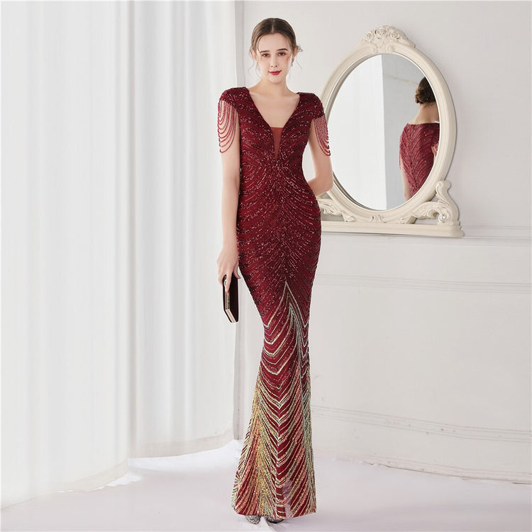 Vestido de Festa Luxo Sereia com Detalhes Paetês Marsala