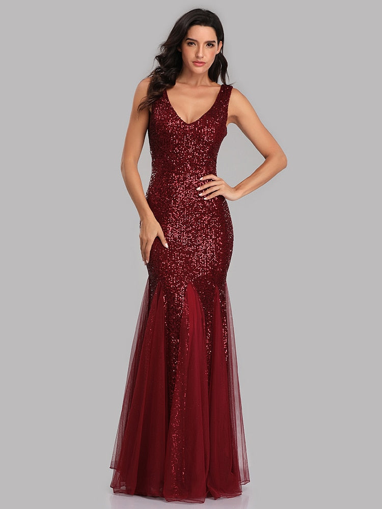 Vestido de Festa Longo Sereia com Detalhes Paetês Marsala