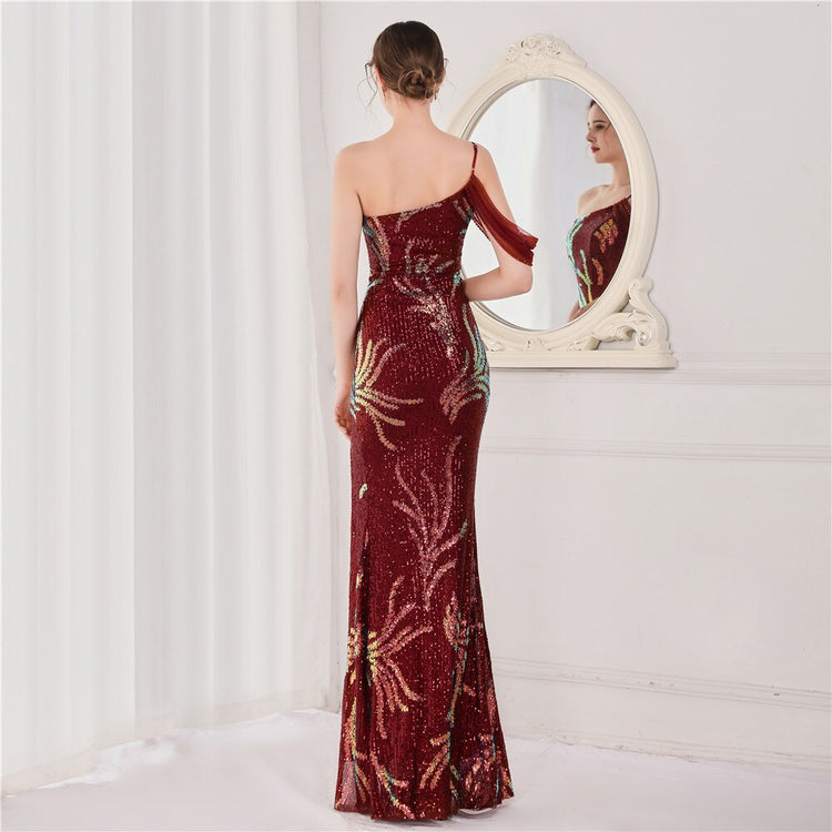 Vestido de Festa Luxo com Paetês Bordados Marsala