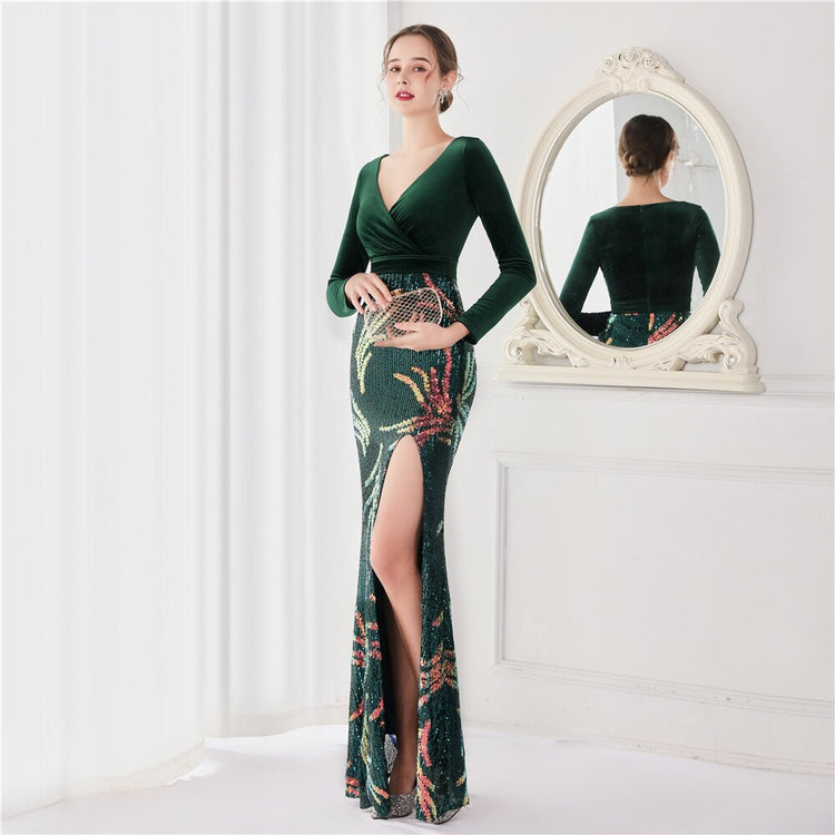 Vestido de Festa Luxo Sereia com Paetês Bordados Verde