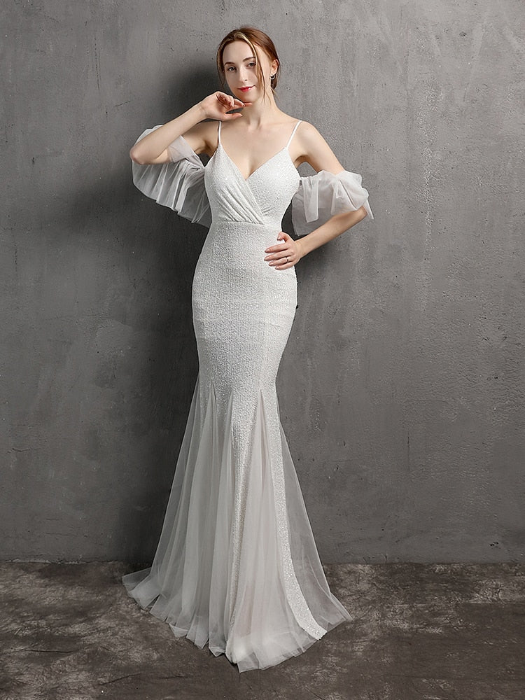 Vestido de Festa Longo Elegante com Manga com Renda Branco