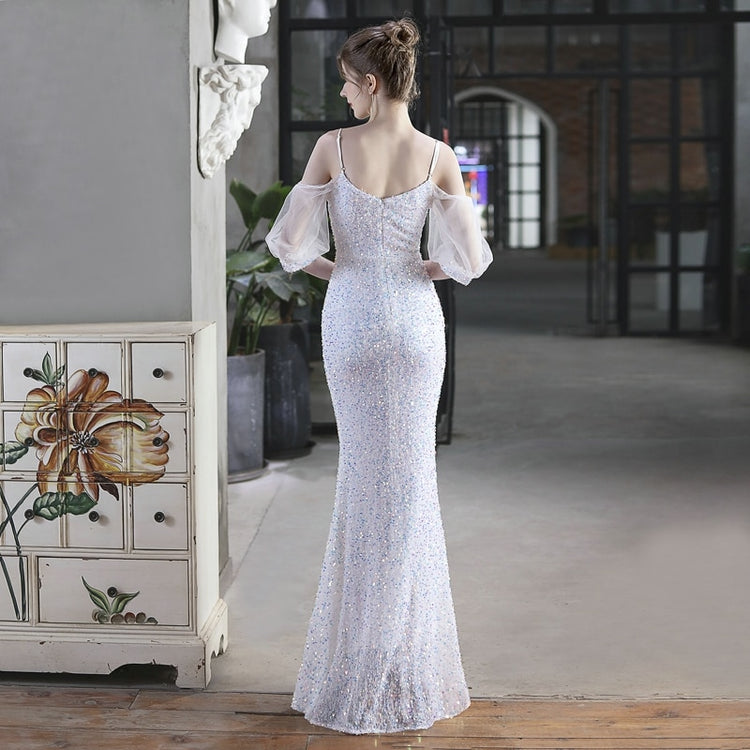 Vestido de Festa Longo Sereia Brilho com Manga e Renda Branco