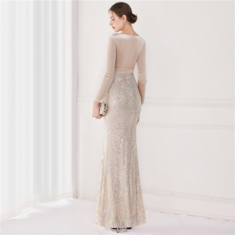 Vestido de Festa Luxo Sereia com Paetês Bordados Prateado