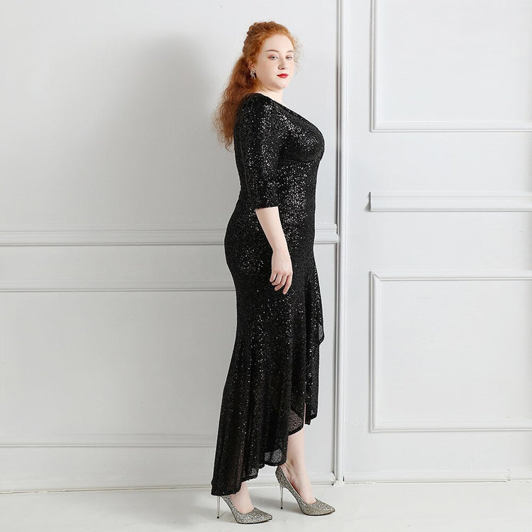 Vestido de Festa Midi com Tecido Brilho e Babados Preto