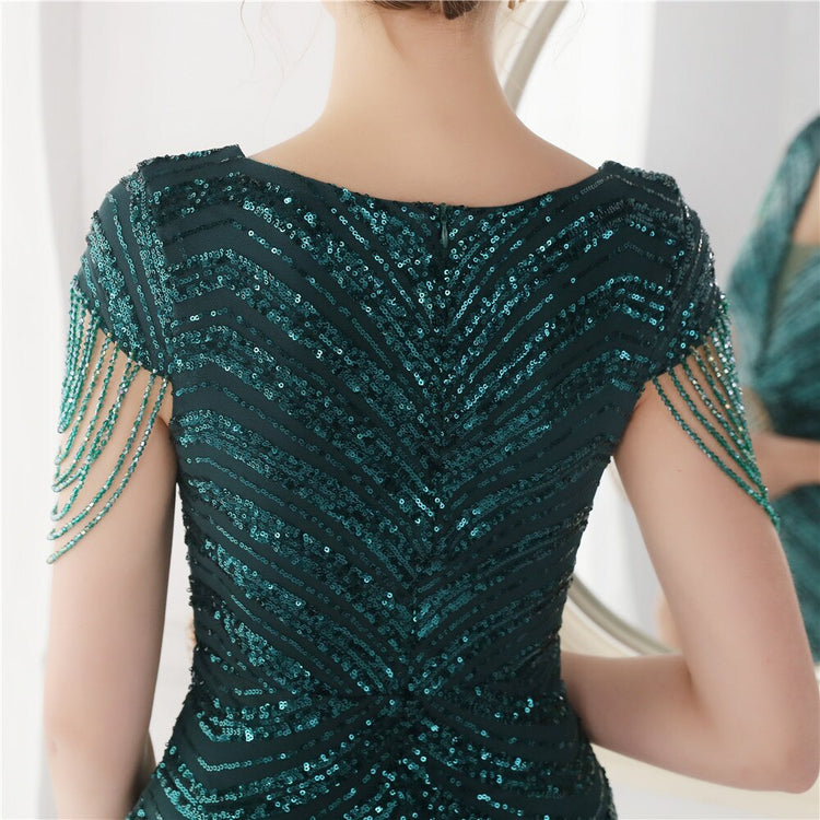 Vestido de Festa Luxo Sereia com Detalhes Paetês Verde
