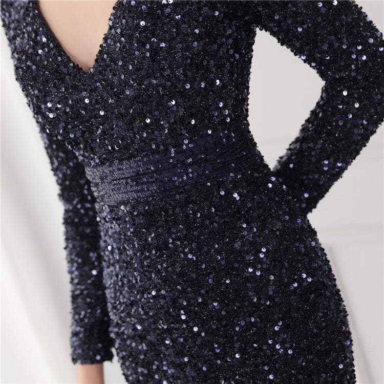 Vestido de Festa Longo Luxo Todo Detalhado em Paetês Azul Marinho