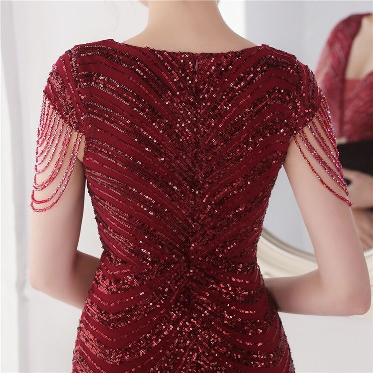Vestido de Festa Luxo Sereia com Detalhes Paetês Marsala