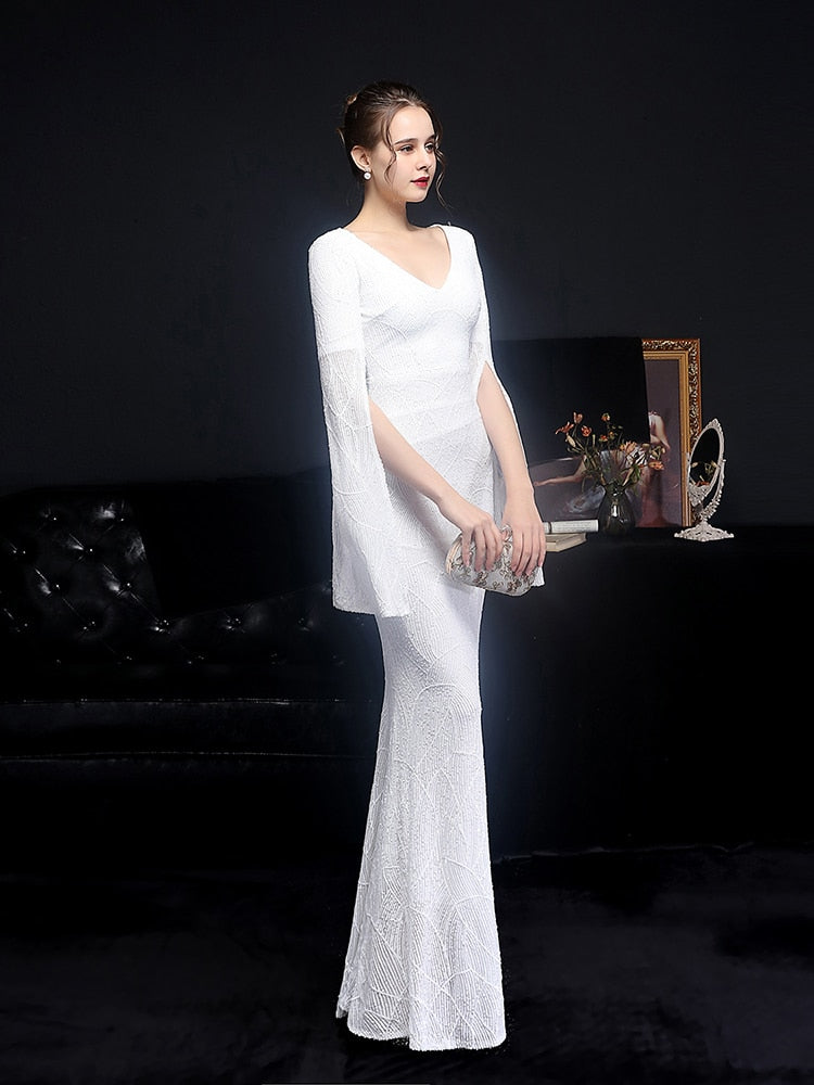 Vestido de Festa Longo Sereia Cristal com Manga Solta Branco