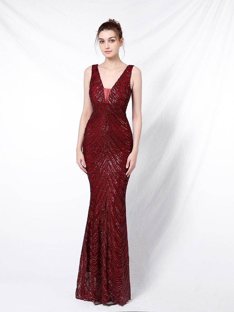 Vestido de Festa Longo Sereia Brilho sem Manga Marsala