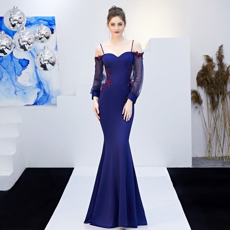Vestido de Festa Longo Silhueta Sereia com Detalhes de Flores Azul Royal (Pronta Entrega)