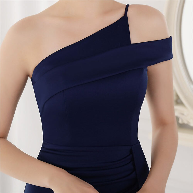 Vestido de Festa Longo com Ombro Assimétrico Azul Marinho