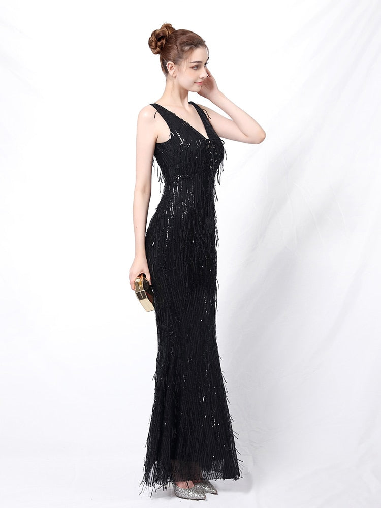 Vestido de Festa Longo Sereia Brilho Bordado Preto