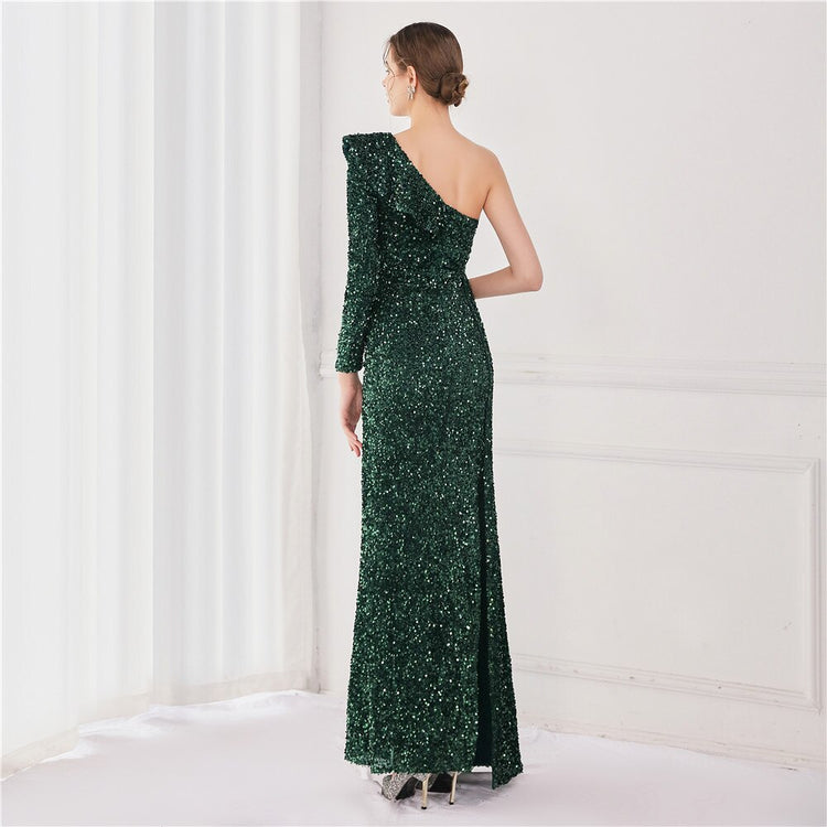 Vestido de Festa Longo com Babados Assimétricos Verde