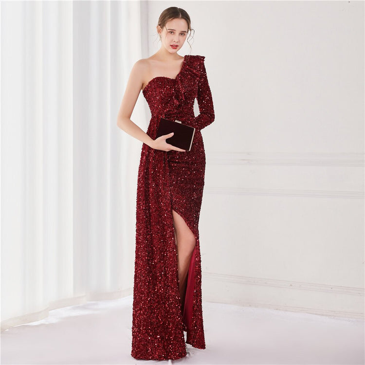 Vestido de Festa Longo com Babados Assimétricos Marsala