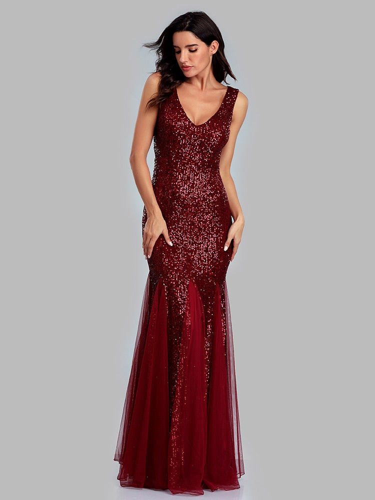 Vestido de Festa Longo Sereia com Detalhes Paetês Marsala