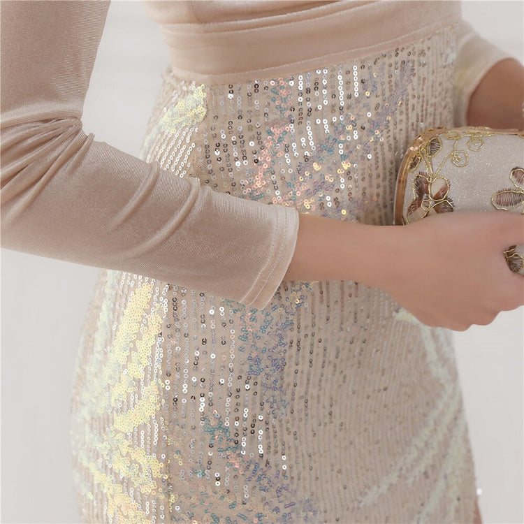 Vestido de Festa Luxo Sereia com Paetês Bordados Prateado