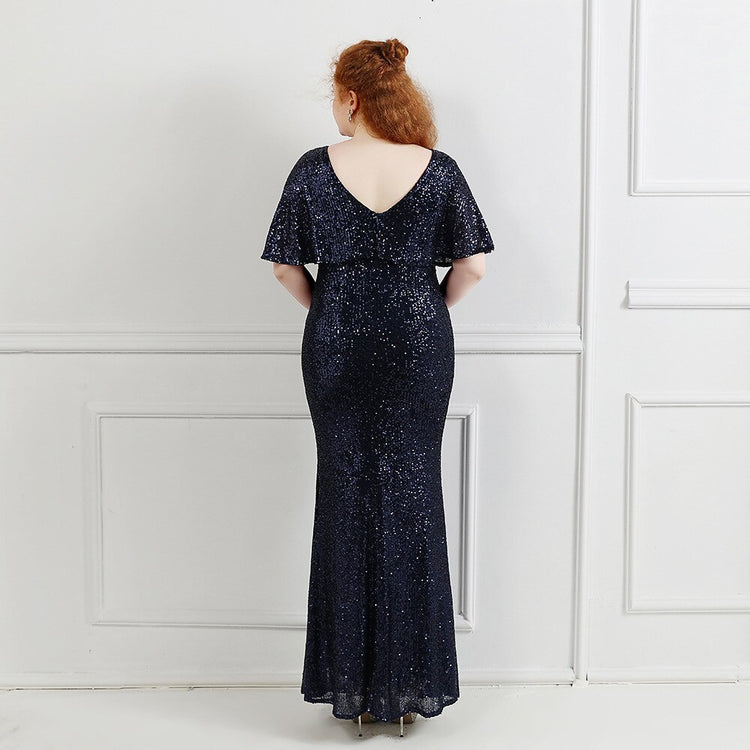 Vestido de Festa Plus Size com Manga Manta Azul Marinho