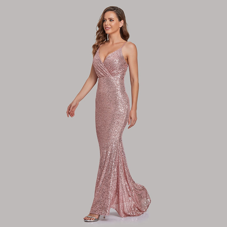 Vestido de Festa Longo Detalhado em Brilho Rosa Empoeirado