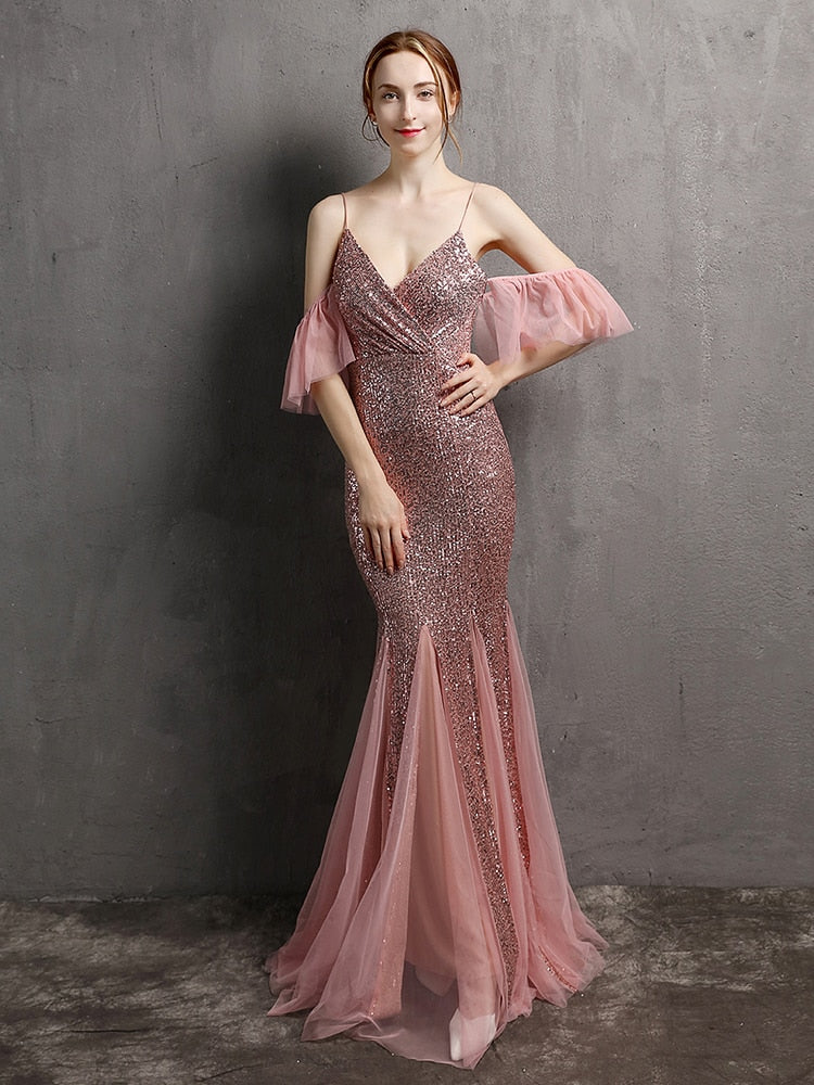 Vestido de Festa Longo Elegante com Manga com Renda Rosa Empoeirado
