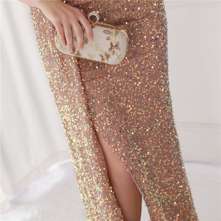 Vestido de Festa Longo com Babados Assimétricos Dourado