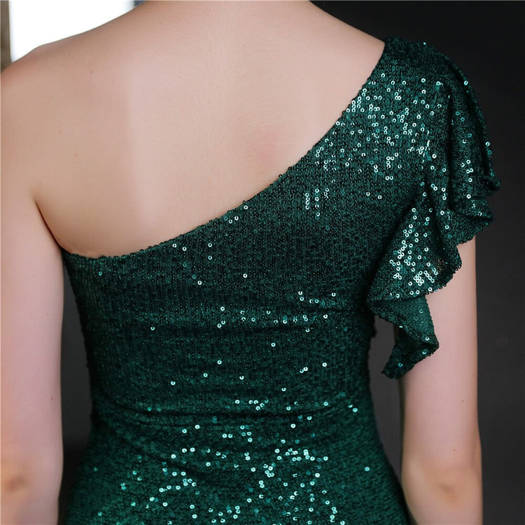 Vestido de Festa Longo Assimétrico com Detalhes Babados Verde
