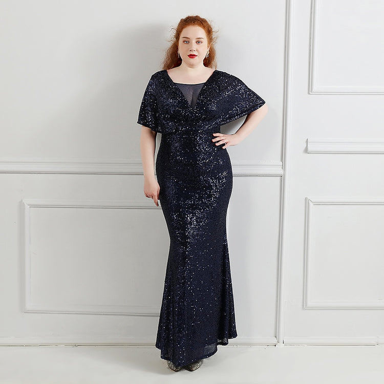 Vestido de Festa Plus Size com Manga Manta Azul Marinho
