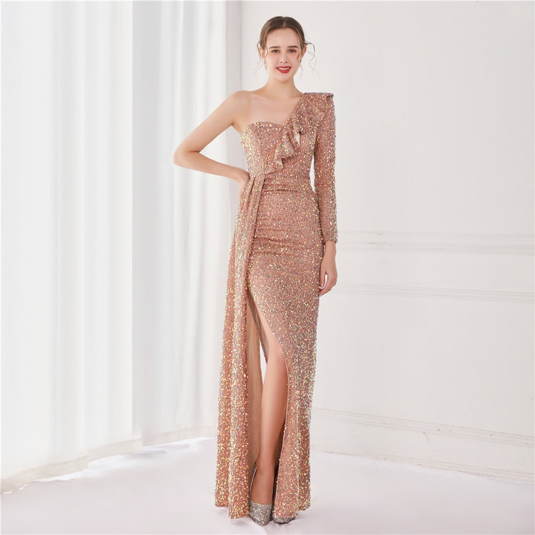 Vestido de Festa Longo com Babados Assimétricos Dourado