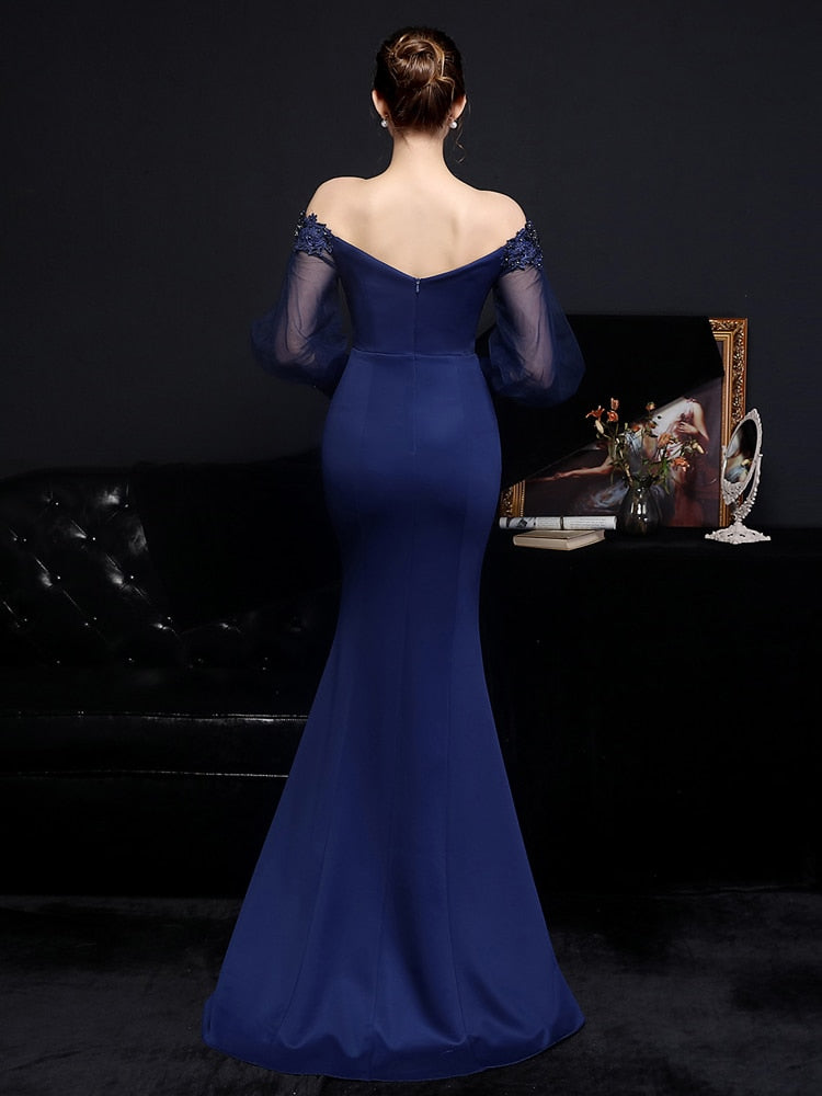 Vestido de Festa Longo Sereia com Manga com Renda e Detalhes Bordados Azul Marinho