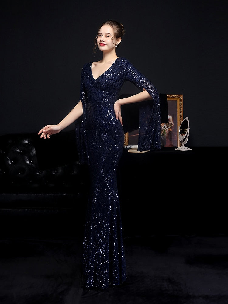 Vestido de Festa Longo Sereia Cristal com Manga Solta Azul Marinho