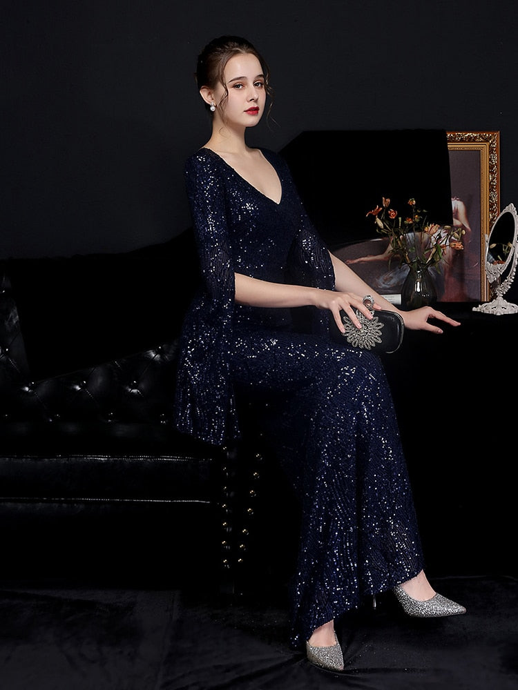 Vestido de Festa Longo Sereia Cristal com Manga Solta Azul Marinho