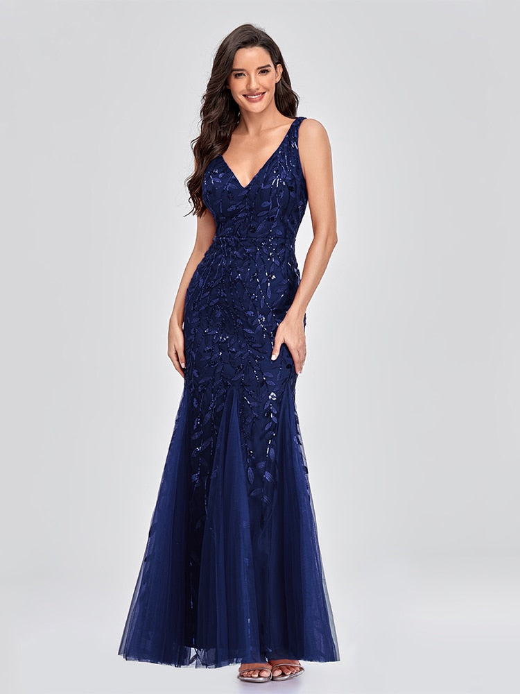 Vestido de Festa Longo Sereia com Detalhes Brilho Bordados Azul Marinho