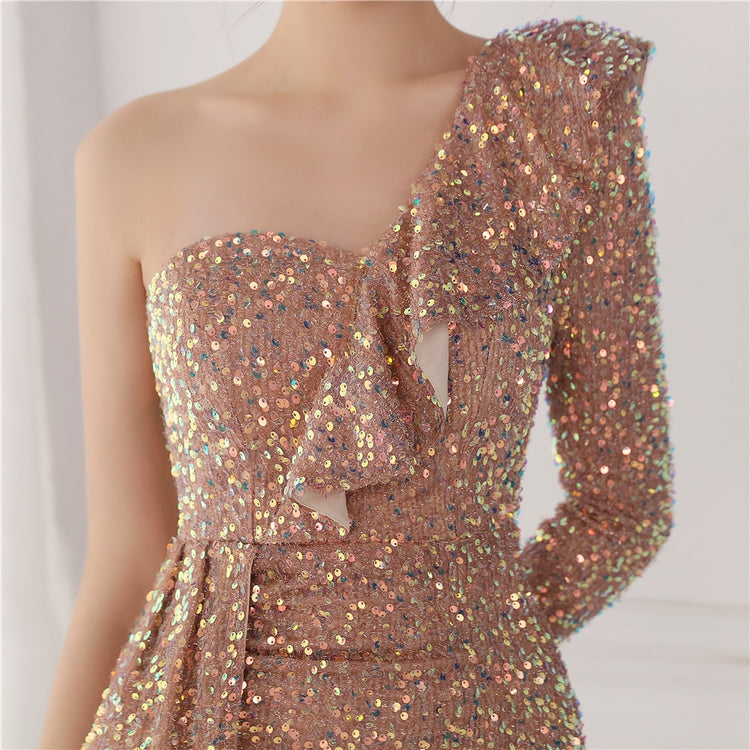 Vestido de Festa Longo com Babados Assimétricos Dourado